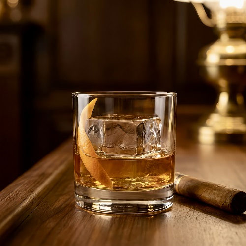 Old Fashioned cocktail with whiskey, sugar, bitters, and orange garnish in a rocks glass.